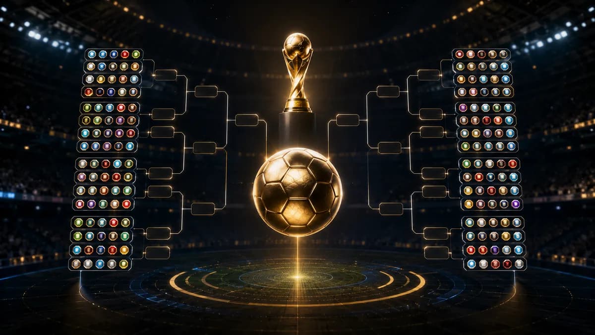 Ilustración del formato del Mundial 2026 con copa, sedes y grupos